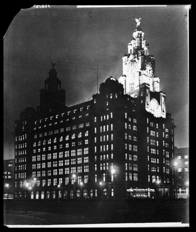 The Royal Liver Building at night, 1936 - courtesy of National Museums Liverpool (Merseyside Maritime Museum)
