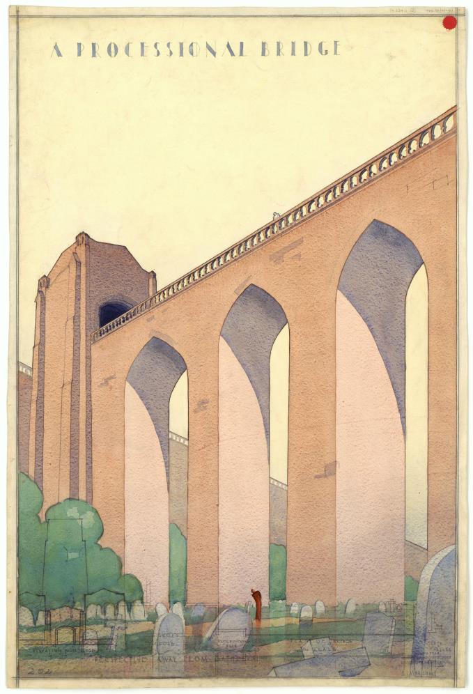 Student design for a bridge over St James Cemetery, Liverpool by Stirrat Johnson-Marshall, 1931-2