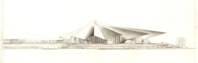 Competition design for Roman Catholic cathedral, Liverpool: elevation, by Denys Lasdun, 1959