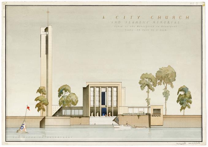 Competition design for a A City Church and Seamens Memorial, Liverpool by Geoffrey Pell Dawson, 1947 