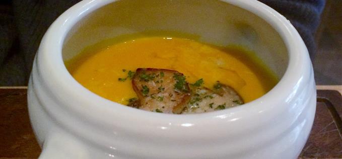 Pumpkin and parsnip soup with ceps and truffle oil