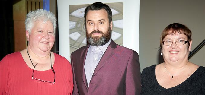 Myers is pictured, below, with McDermid and Portico chairman Lynne Allan.