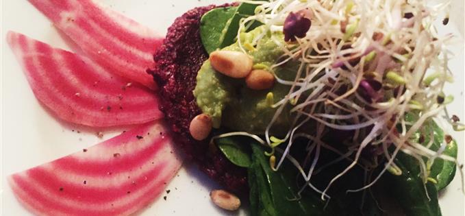 beetroot, baby spinach and avocado tartlet