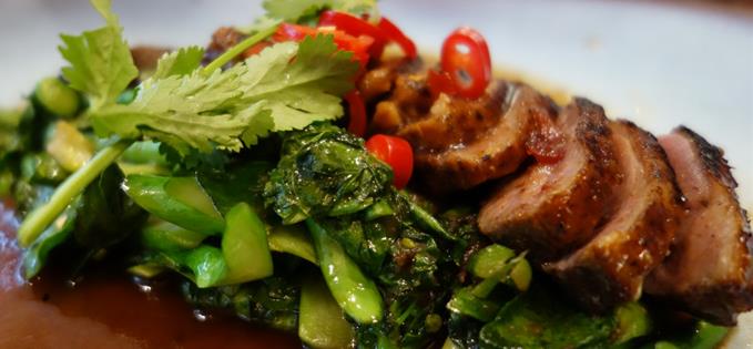 Char-grilled duck breast with Chinese broccoli, tamarind sauce and sticky rice £14.50