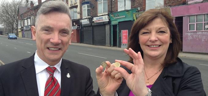 Councillors Anne OByrne and Gary Millar launch the Shops For A Pound scheme on Smithdown Road