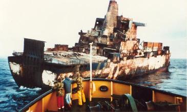 The wreck of the Atlantic Conveyor, blown up in the Falklands war