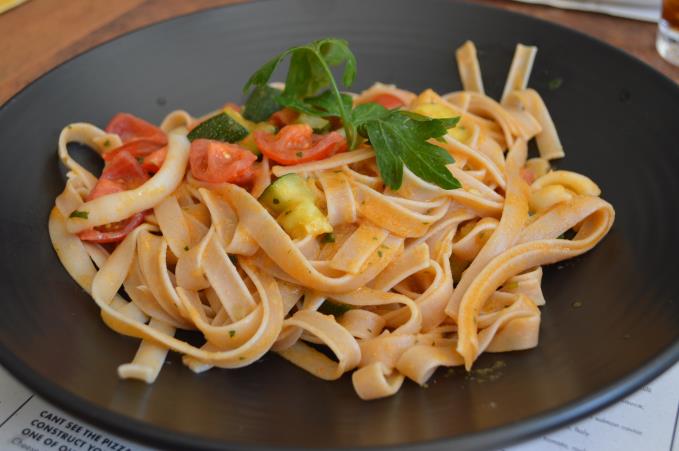 Spelt Tagliatelle with Squid, Courgette and Cherry Tomatoes