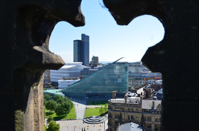 CIS Tower and National Football Museum through the openwork battlements