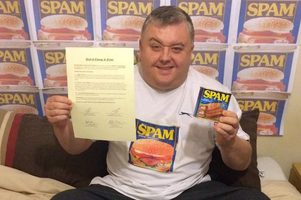 Mark I Love Spam benson, from Halewood, with his deed poll certificate. He has SPAM for breakfast every day and four times a week for dinner