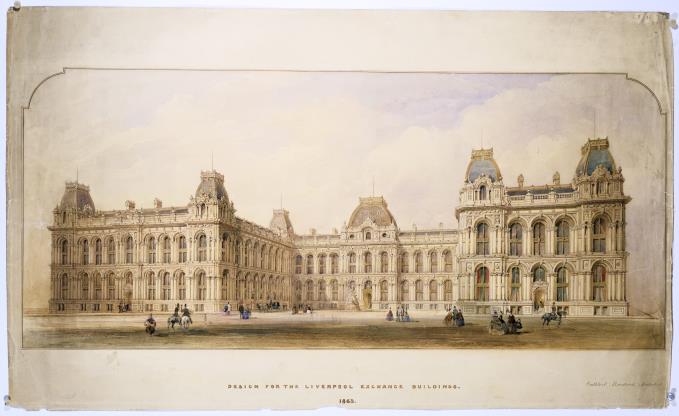 Competition design for Exchange buildings, Liverpool by Cuthbert Brodrick, 1863