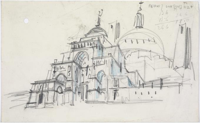 Sketch design for the Roman Catholic cathedral, Liverpool: perspective from south east, by Sir Edwin Lutyens, 1932