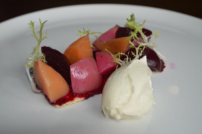 beetroot tart with whipped goats curd, apple and hazelnuts 