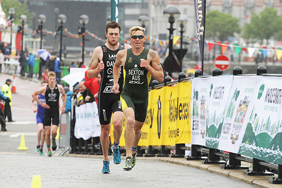 second place in Tri Liverpool Brendan Sexton is closely followed on the last leg of the run by eventual winner of Tri Liverpool 2015 Morgan Davies