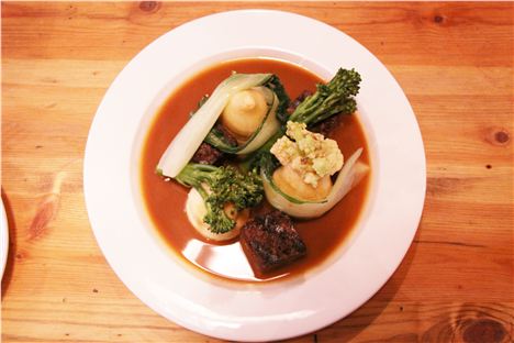 (Also top image) Cubed Meat Balls: Koftas with corners, mash greens and gravy