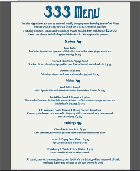 Blue Pig Menu