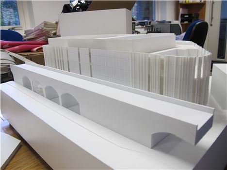 Mecanoo model showing height of the new arts, film and performance centre over the railways viaduct on Whitworth Street West