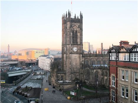 Manchester Cathedral, the area in front of the tower will be the location of the temporary church