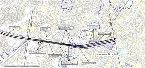 Plans with north to the south showing preferred route into Piccadilly Station