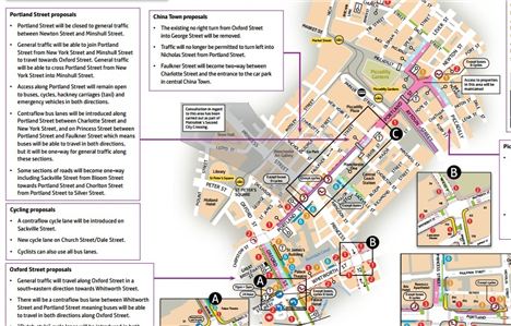 Map of complex city centre transport changes