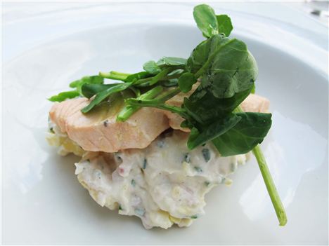 Poached Scottish salmon with horseradish potato salad (Lunch menu: 10.95 for 2 courses)