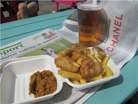 Sauce and chips and battered fish