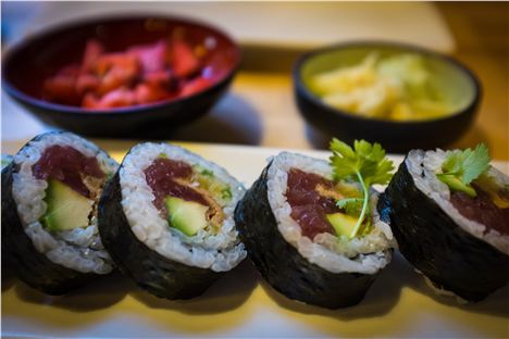 Futomaki with pickled radishes, wasabi and pickled ginger