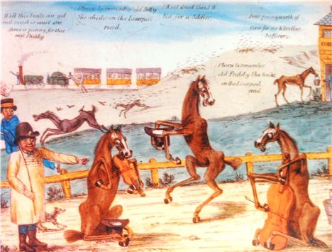 Cartoon from the stagecoach companies at the opening of the Liverpool and Manchester Railway trying to gain sympathy for all the horses that will have to seek alternative employment
