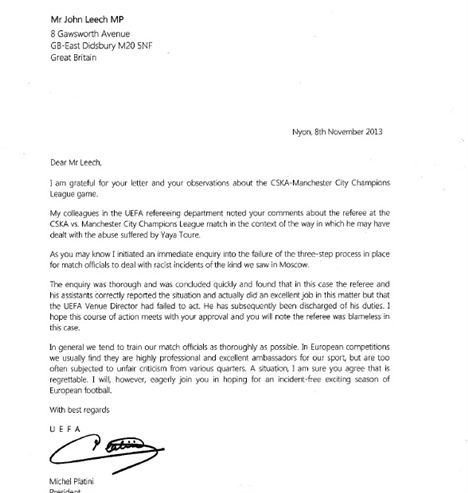 Platini's reply letter