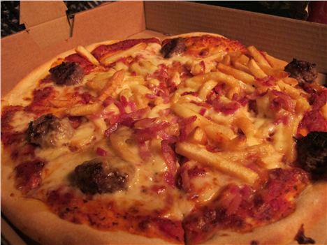 The Triple threat pizza (£10): Burger and fries on a pizza. 3 or your 5-a-day