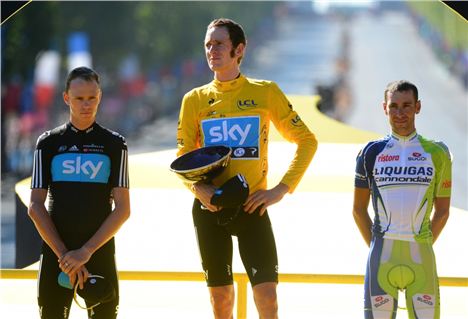 British cyclists Chris Froome (left) and Bradley Wiggins (middle) have claimed consecutive Tour victories in the past two years
