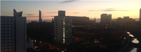 Sunset over Manchester from atop the MacDonalds Hotel