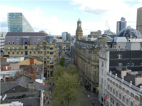 Looking north from St Ann's church with No 1 Deansgate on the left