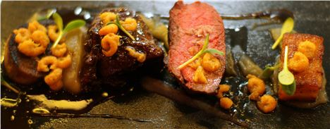 Tongue, sirloin and featherblade, shallot puree, duck fat fondant and brown shrimp butter