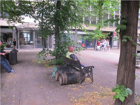 If I sit on this bench I'll hide the bins