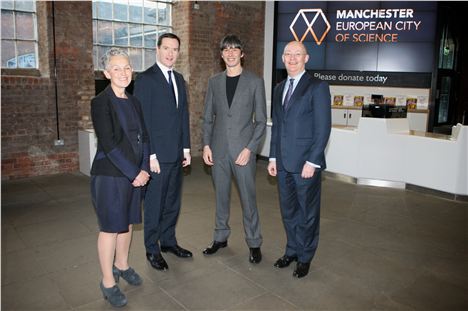 Sally MacDonald Director of MOSI, Prof Brian Cox and The Chancellor George Osborne Ian Blatchford Director of Science Museum Group