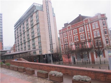 View of the Radisson Hotel (left) and back of the Theatre Royal (right) taken from Manchester Central